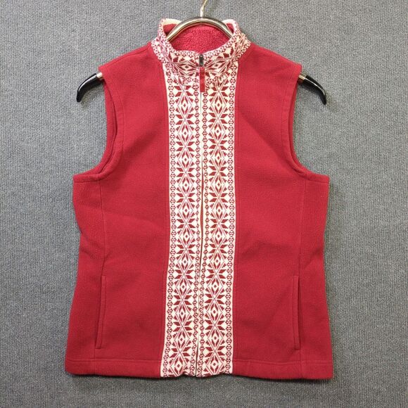 LL Bean Nordic Fleece Vest Womens Medium Snowflake Full Zip Winter Mock Neck Red - Picture 1 of 11
